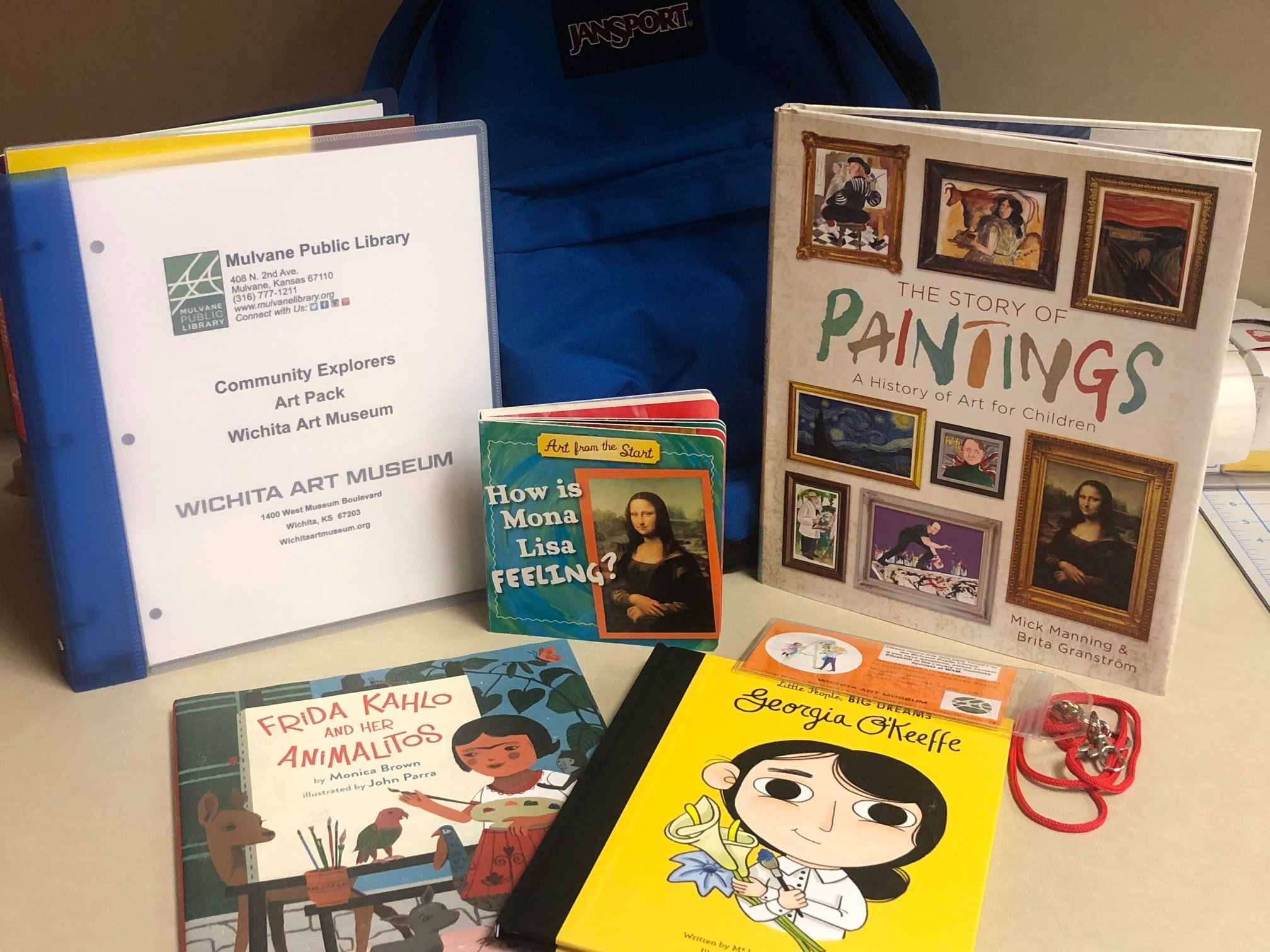 Blue backpack with books and museum pass