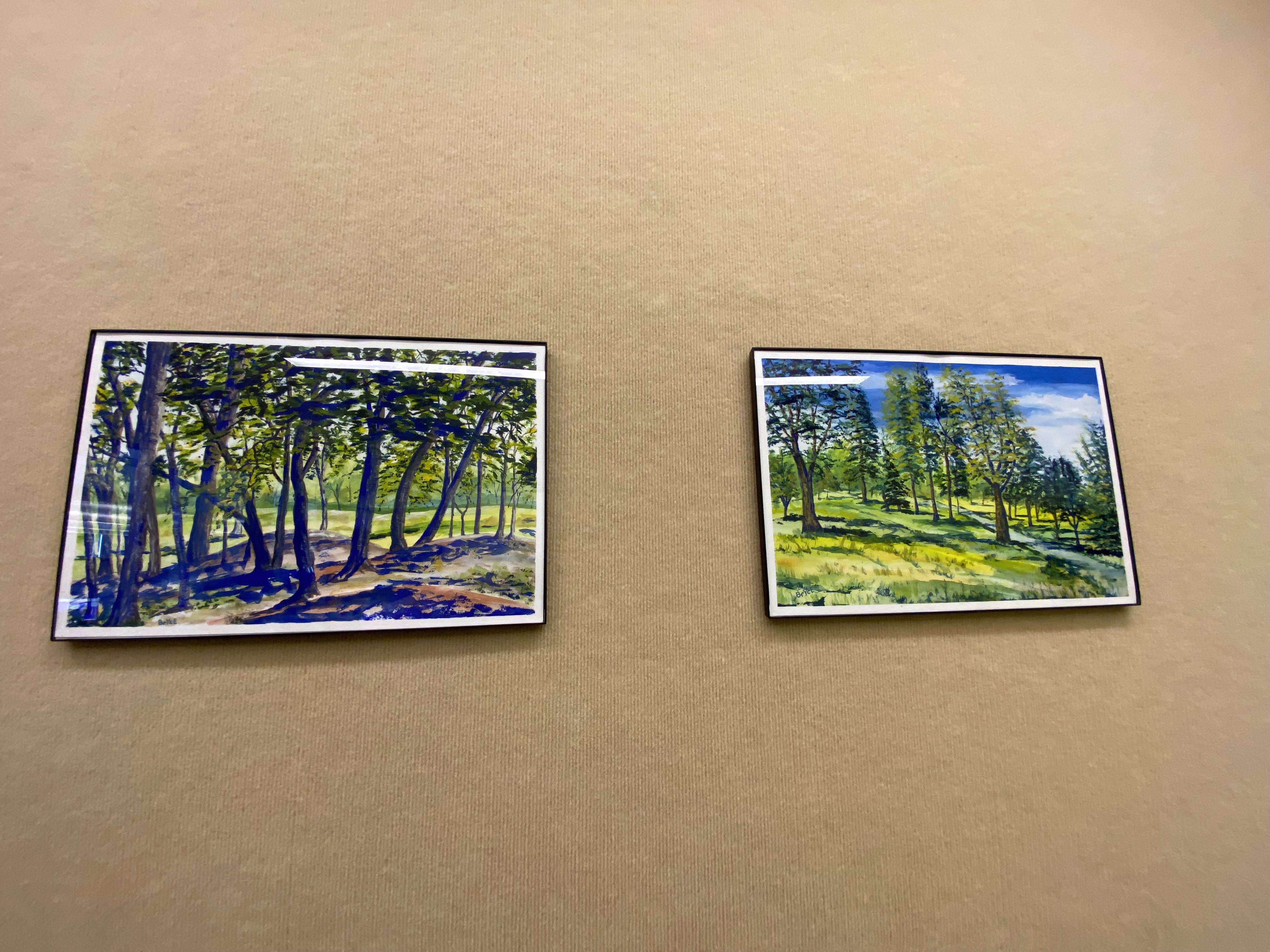 beige background with framed landscape paintings