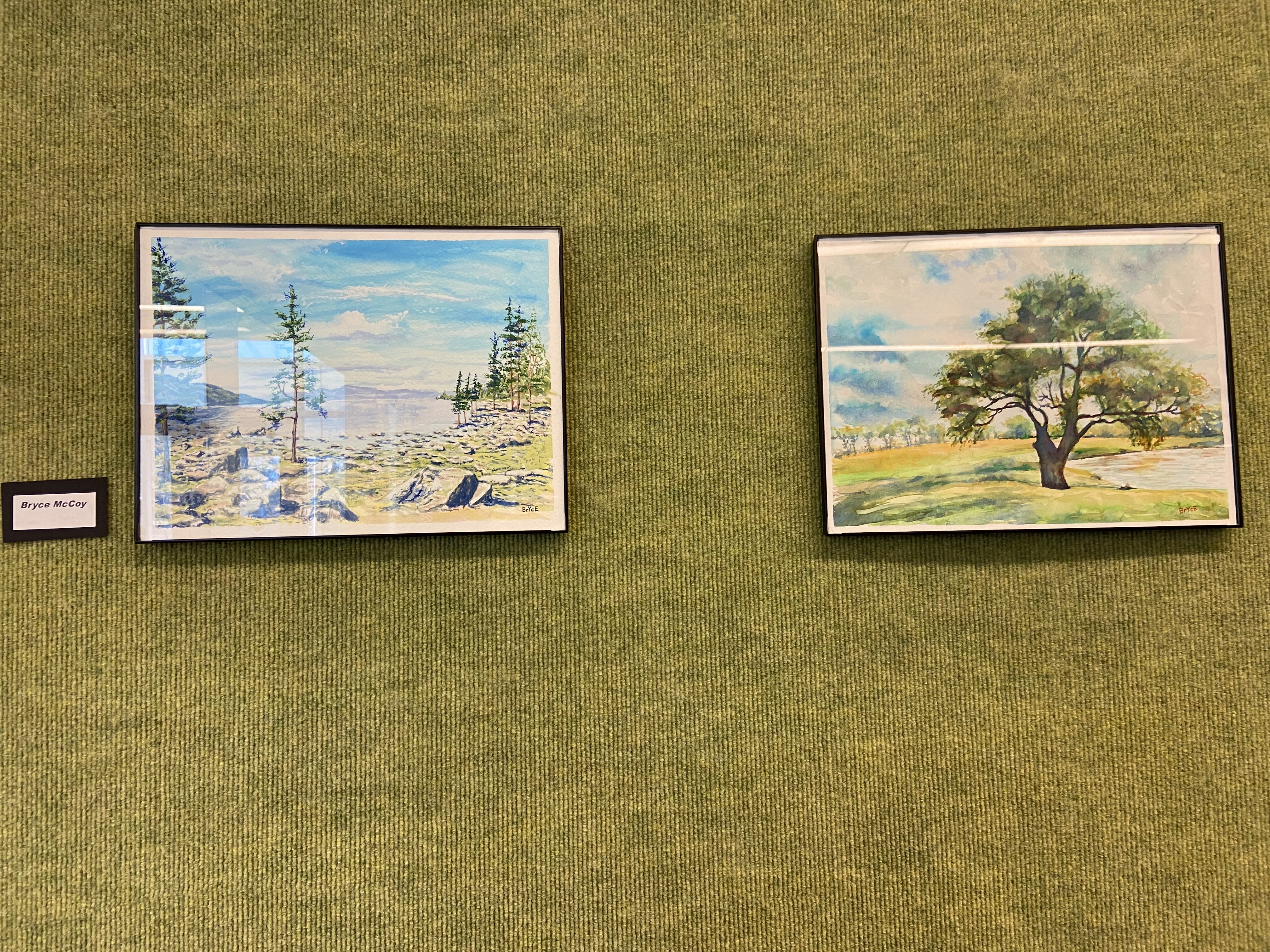 green textured background with framed landscape paintings