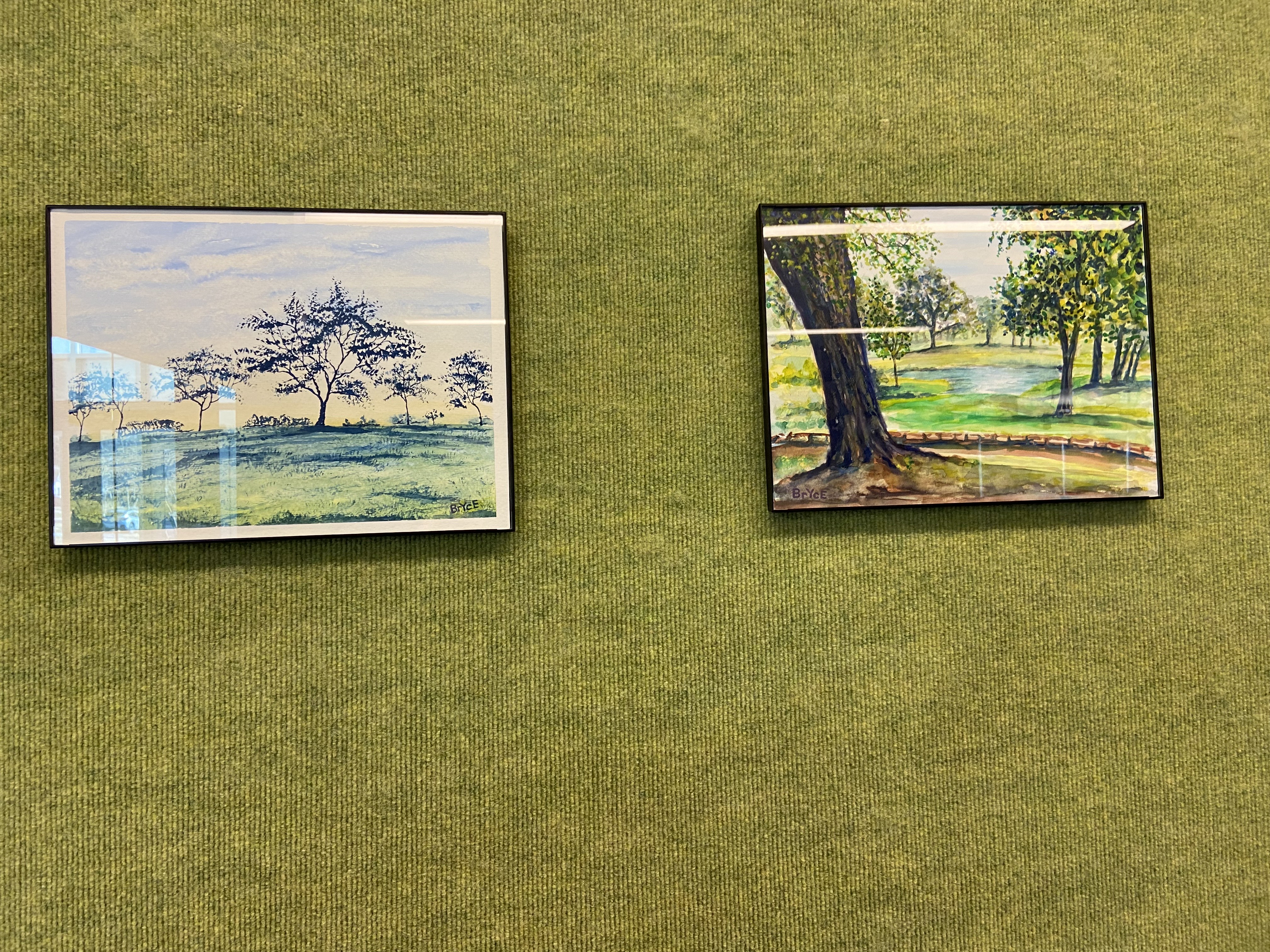 green textured background with framed landscape paintings