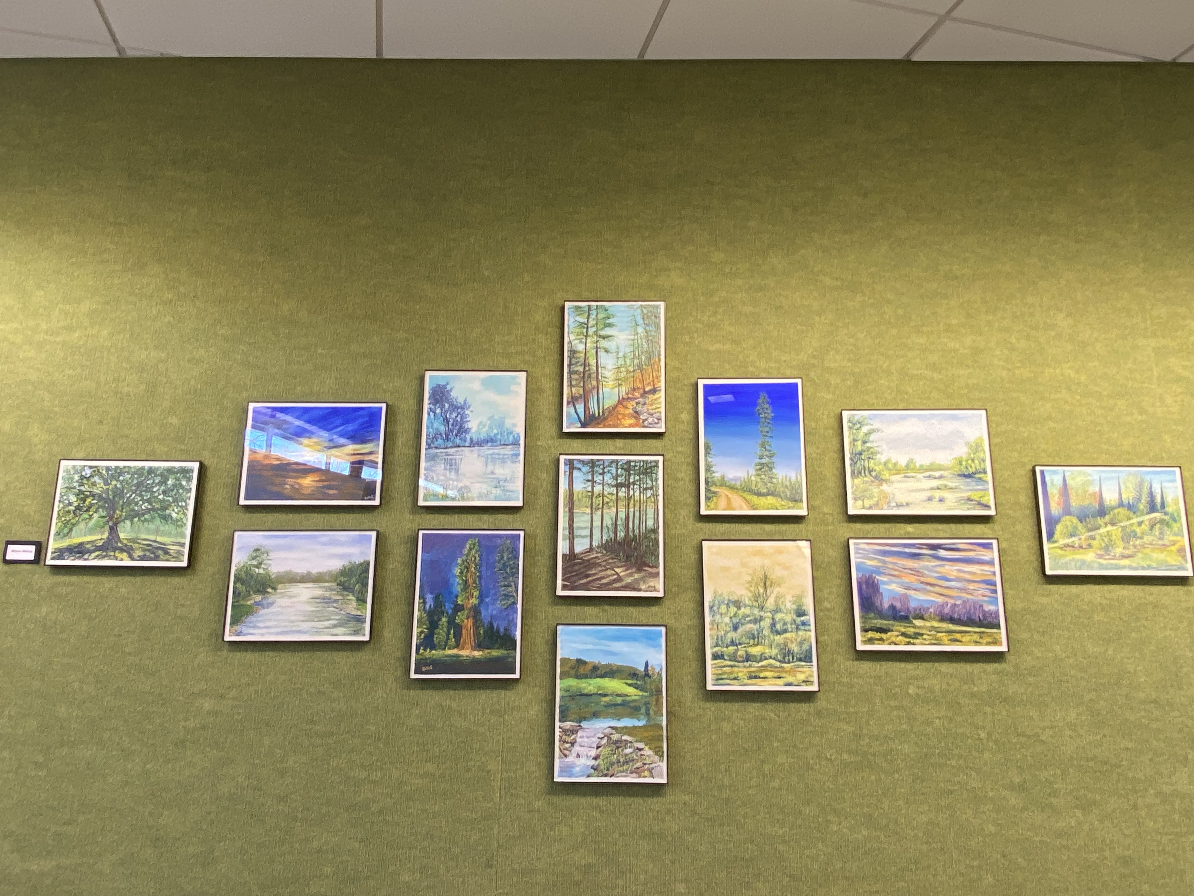 green textured background with many framed landscape paintings