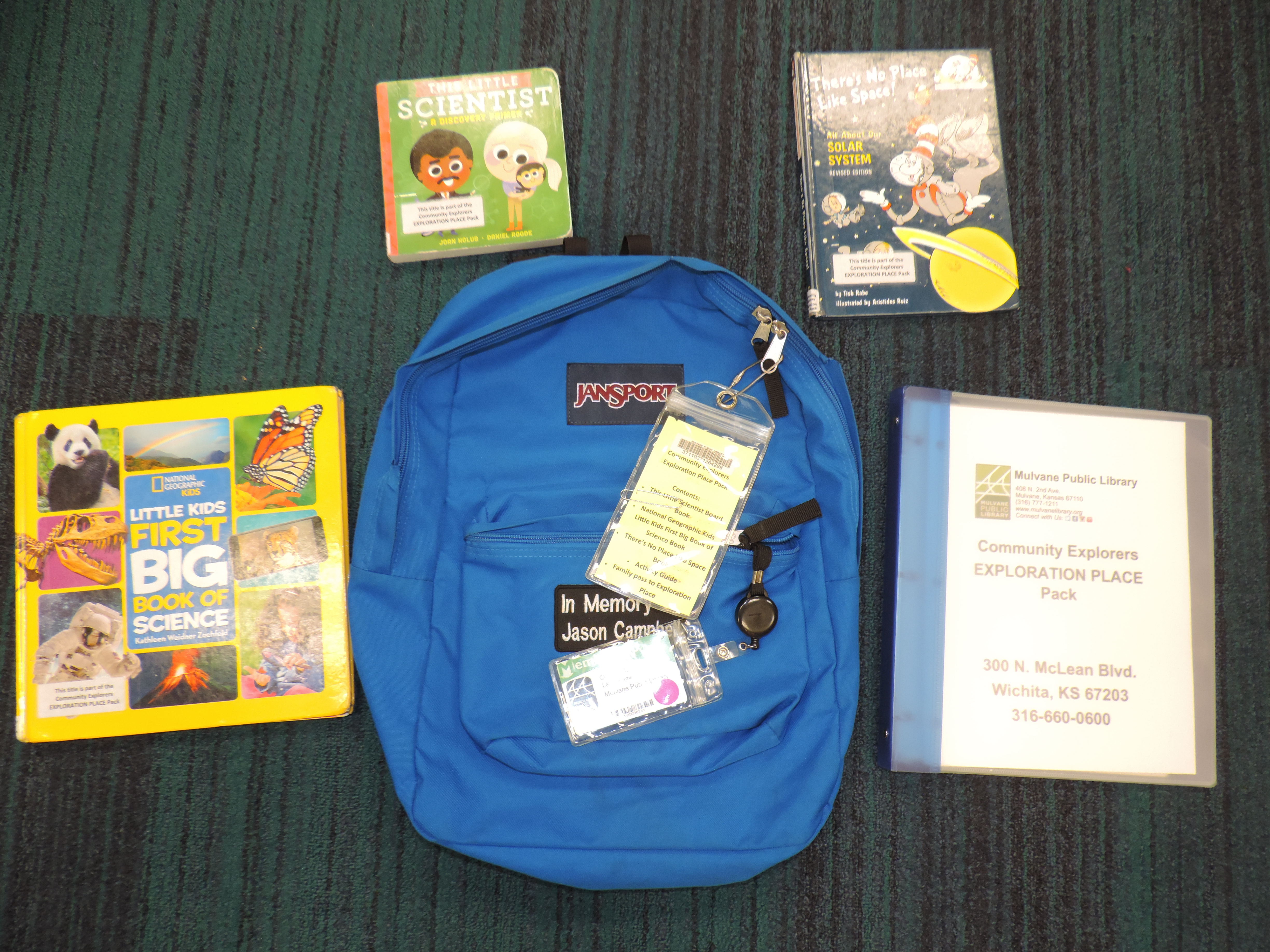 Blue backpack with books and museum pass