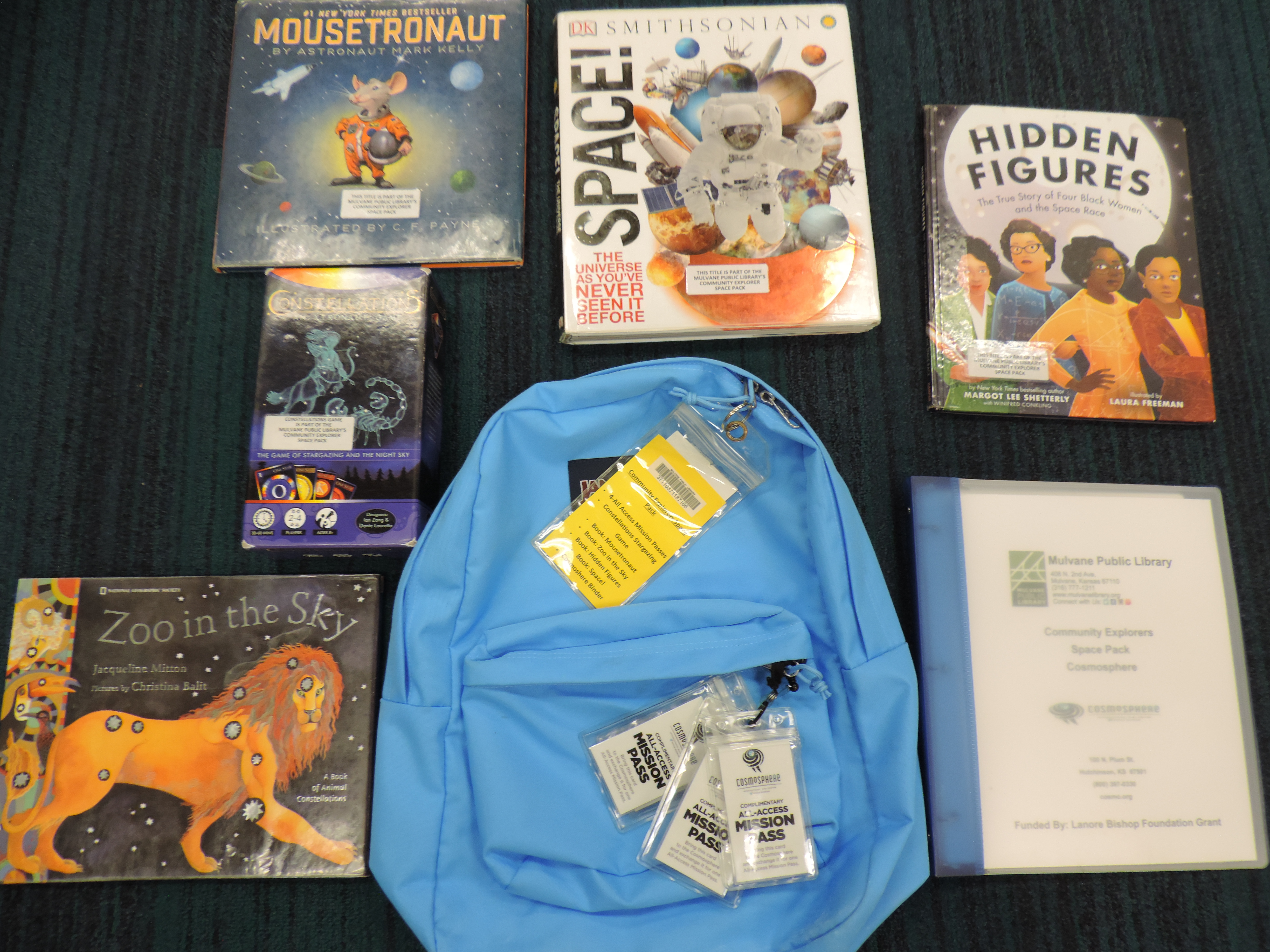 Blue backpack with books and museum pass