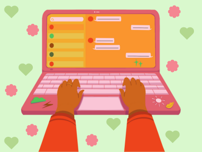 Laptop featuring an open chat and hands typing surrounded by heart and flower icons.