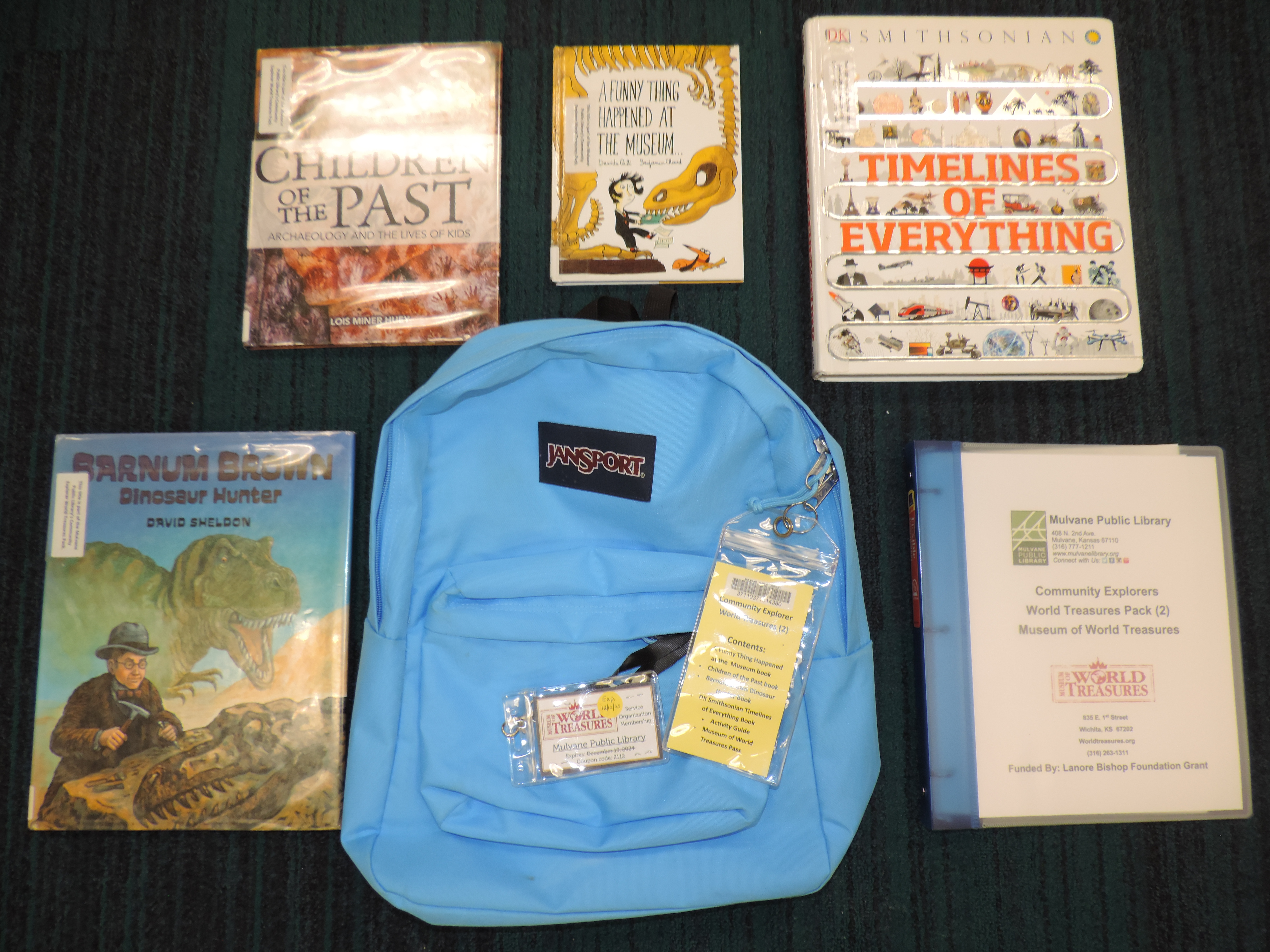 Blue backpack with books and museum pass