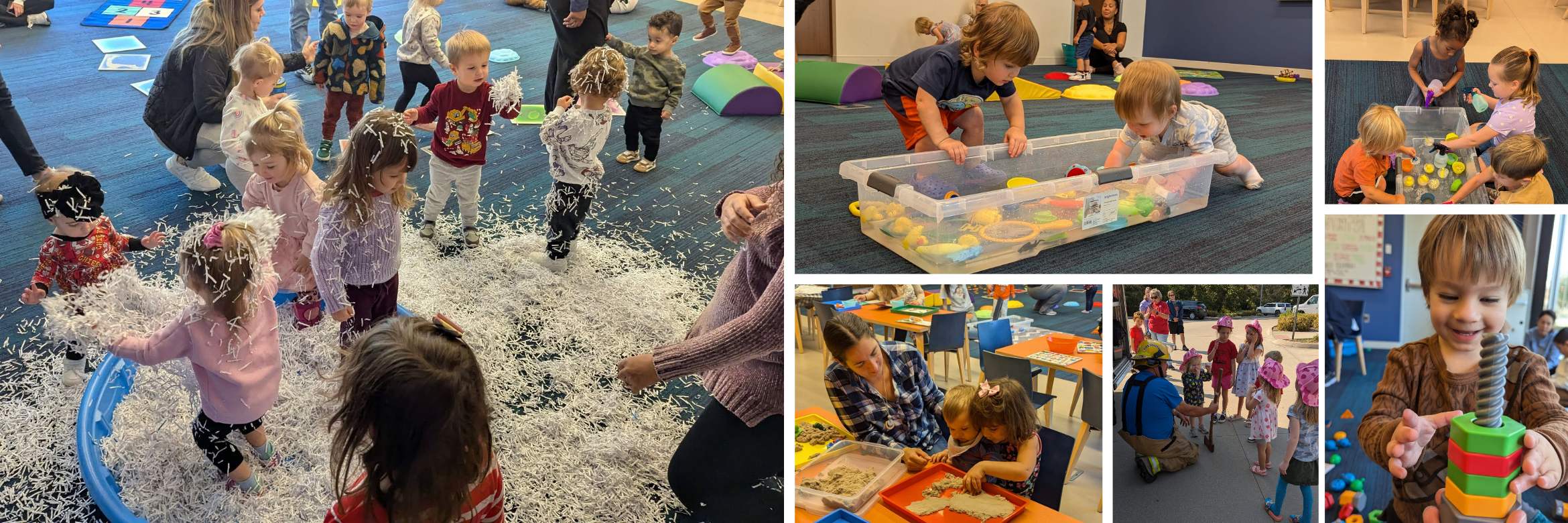 Early Childhood header collage with six images: left image shows a group of young children playing in what appears to be paper confetti, top middle image shows two toddlers looking in a plastic box of toys, top right image shows four toddlers pulling things out of a box, bottom left image shows a toddler boy and girl with their mother playing with sand in the library, bottom middle image shows a fireman talking to a group of small children, bottom right image shows toddler boy smiling as he plays with a toy