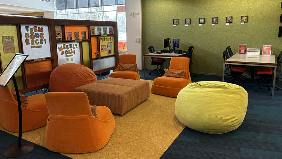 Image of the teen library showing colorful and comfortable seating and bean bag chairs