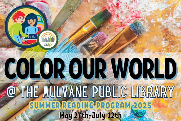 Paint background with text "color our world at the Mulvane Public Library" and logo for the Collaborative Summer Reading Program