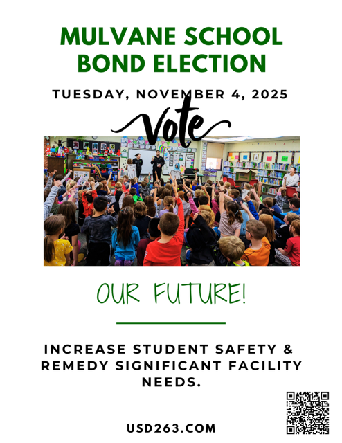 Group of kids raising their hands with the text "mulvane school bond election" and "Tuesday, November 4th, 2025" and "usd263.com"
