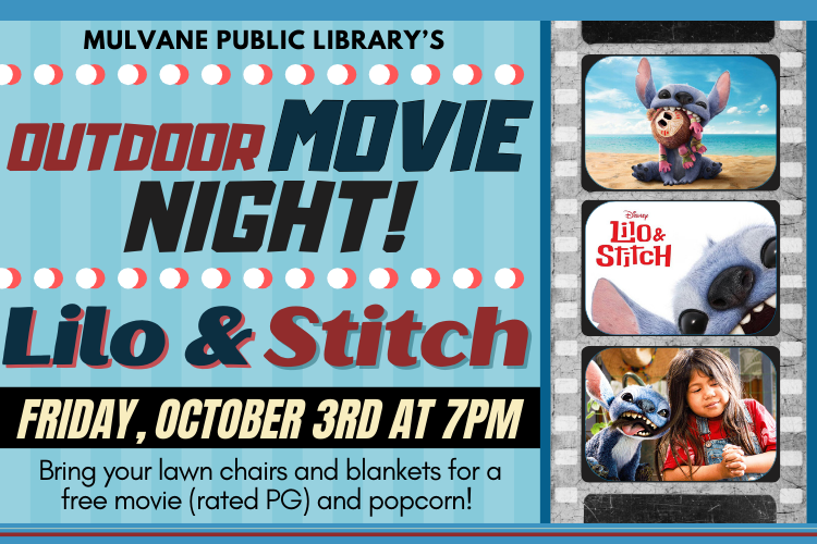 Lilo and stitch movie pics with text "outdoor movie night, Lilo & Stitch, Friday, October 3rd"