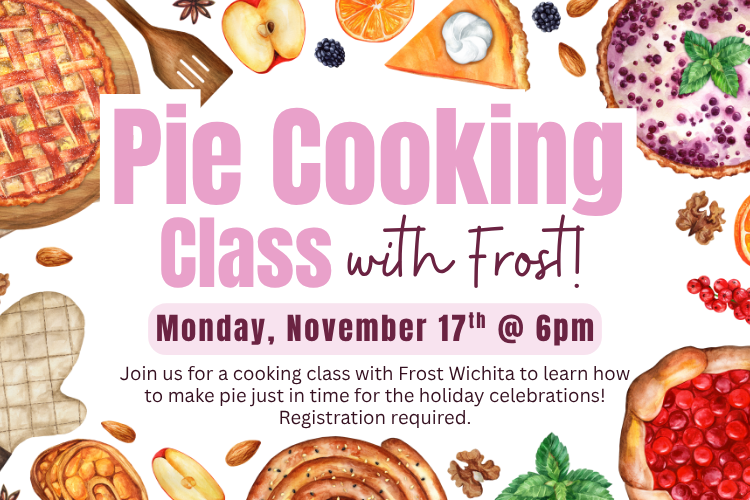 pie cooking items with the text "pie cooking class with frost" and "Monday, November 17th, at 6pm"