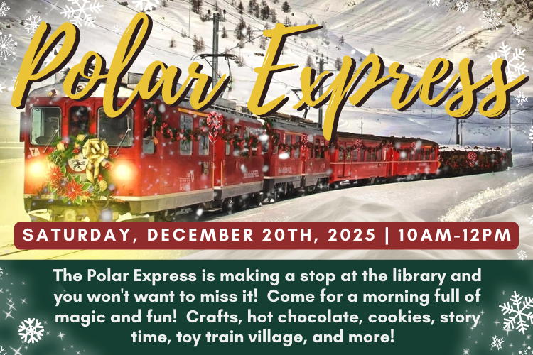train in winter with the text "Polar Express" and "Saturday, December 20th from 10-12pm"