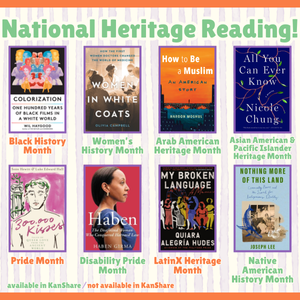 The words "National Heritage Reading!" above 8 book recommendations including Colorization, Women in White Coats, How to be a Muslim, All You Can Ever Know, 300,000 Kisses, Haben, My Broken Language, and Nothing More of This Land. 