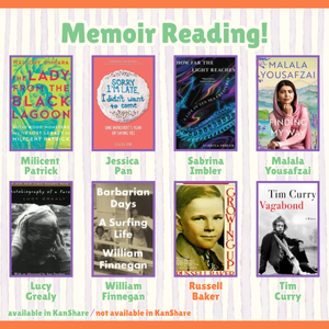 The words "Memoir Reading" above recommended titles including The Lady from the Black Lagoon, Sorry I'm Late, I didn't want to come, How Far The Light Reaches, Finding My Way, Autobiography of a Face, Barbarian Days, Growing Up, and Vagabond.