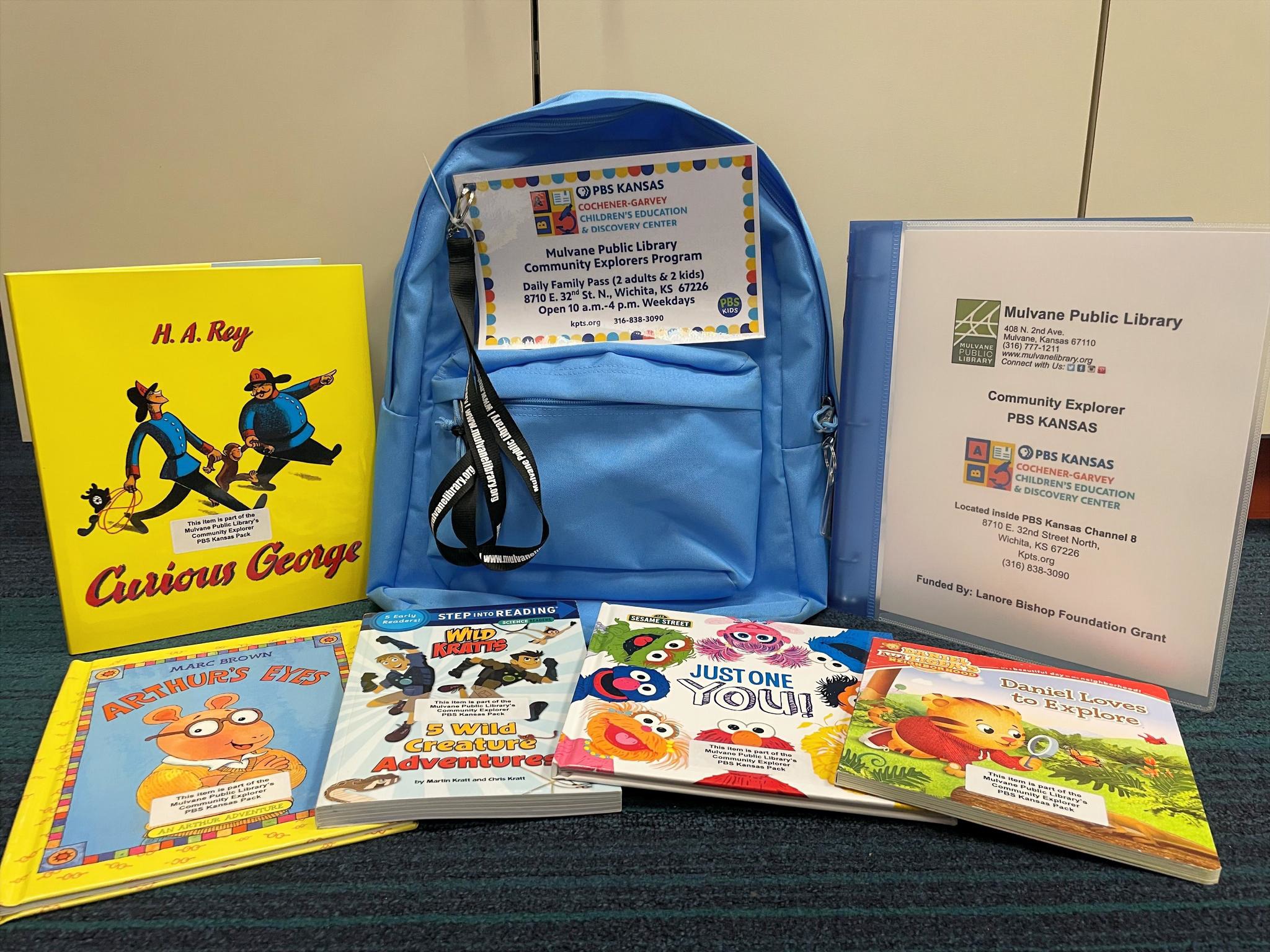 Blue backpack with books and museum pass