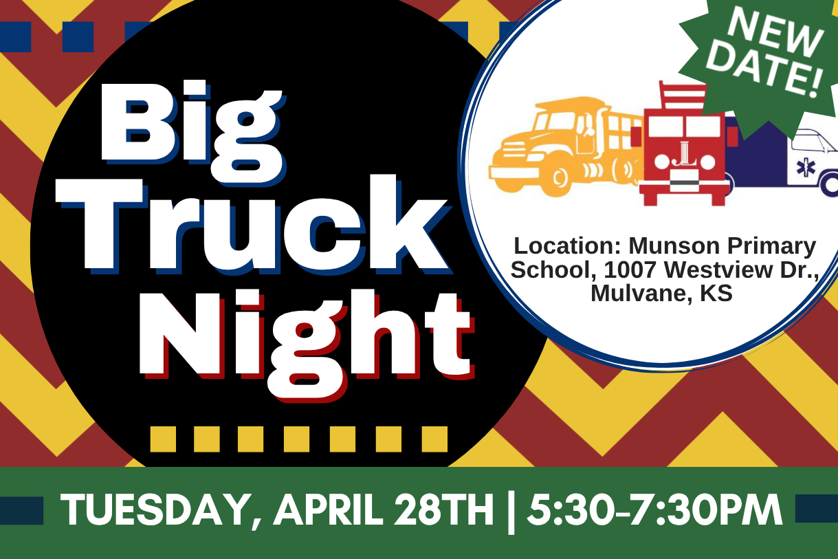 three big trucks with geometric background and text "Big Truck Night, April 28th, 5:30-7:30pm"