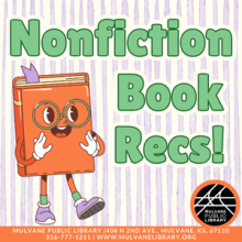 The words "Nonfiction Book Recs!" surrounding a character doodle of a book wearing glasses.