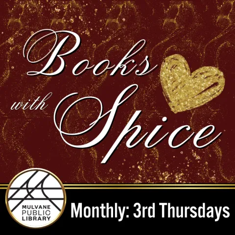 Gold glitter heart and texture on red background. "Books with Spice. Monthly, 3rd Thursdays at Mulvane Public Library"
