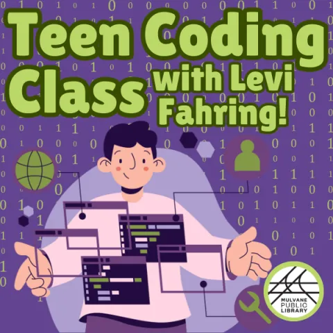 Event Graphic with an illustration of a boy with his arms out and floating computer code illustrations in front of him. A title above states "Teen Coding Class with Levi Fahring!" 