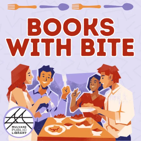 A graphic with 4 people sitting around a table, eating food, the words "Books with Bite" in bold print above them, and above the text are 4 alternating forks and spoons.