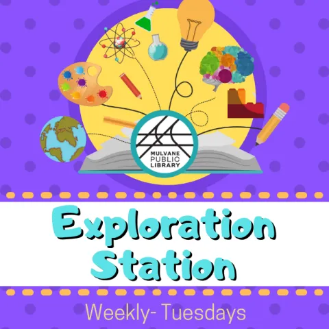 Event promotion graphic reading "Exploration Station, every Tuesday at the Mulvane Public Library" graphics including an open book, the world, art supplies, creative thinking objects, etc