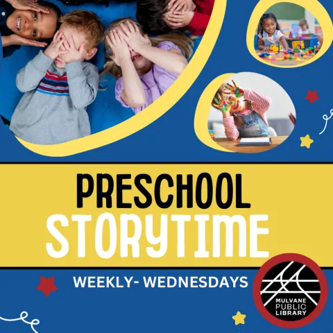 Event promotion graphic reading "Preschool Storytime, every Wednesday at the Mulvane Public Library" including images of children reading, painting, playing, etc.