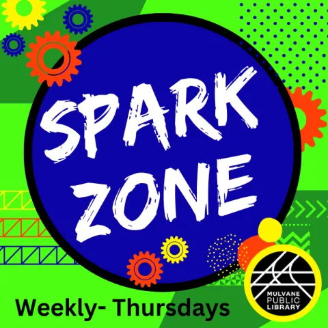 Event promotion graphic reading "Spark Zone, every Thursday at the Mulvane Public Library" with a green background and shapes such as gears, dots, arrows, etc.