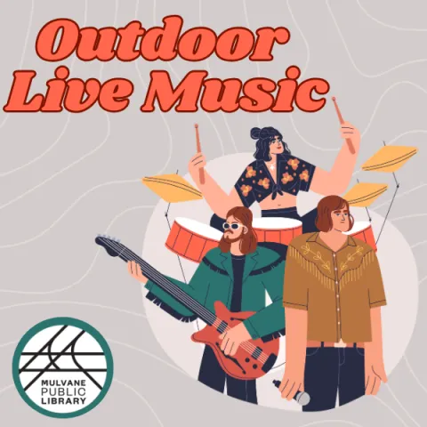 The words "Outdoor Live Music" appear in the top left corner taking up most of the top third of the graphic with a band illustration featuring a drummer, guitarist, and singer in the bottom right corner, filling most of the rest of the page. 