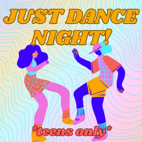 Two people dancing with the words "Just Dance Night" above them. Very bright colors fill the background and the people. 