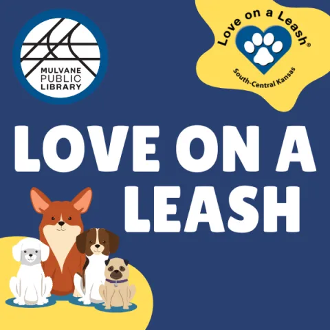 Three dogs sitting with library logo and "love on a leash" logo with text "Love on a Leash"
