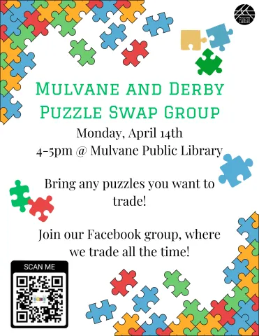 Puzzle swap flier, puzzle pieces, April 14th at 4pm