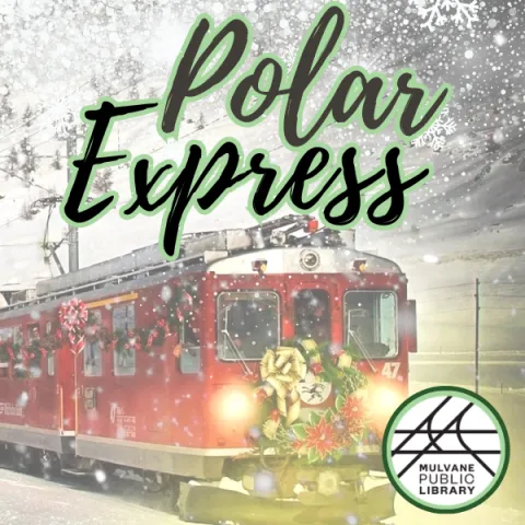 Snowy scene with red Christmas train and the library logo and text "Polar Express"