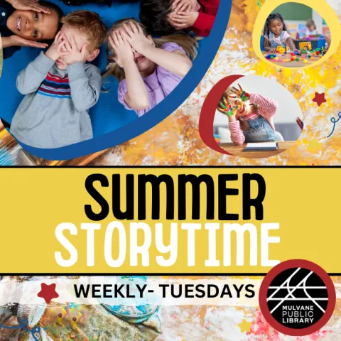 Paint with paint brushes background with three round images of children playing with the words "Summer Storytime" and "Weekly Tuesdays" with the library logo