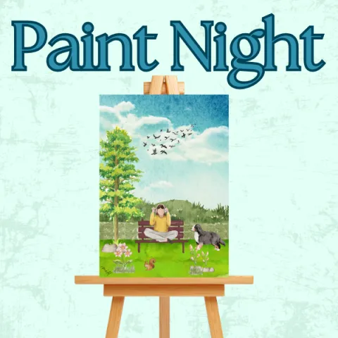 Painting on an easel of a girl in nature and the words "Paint Night" above it.  