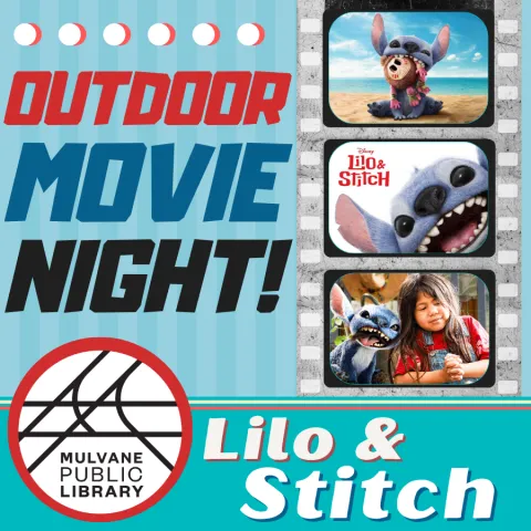Three movie stills of Lilo & Stitch with the text "Outdoor Movie Night and Lilo & Stitch" and the library logo
