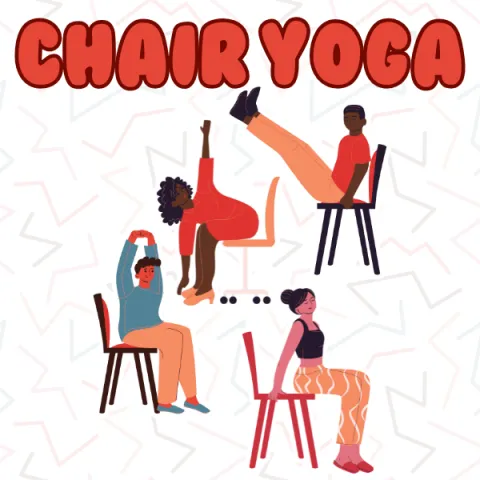 The words "Chair Yoga" displayed over four graphics depicting chair yoga positions.