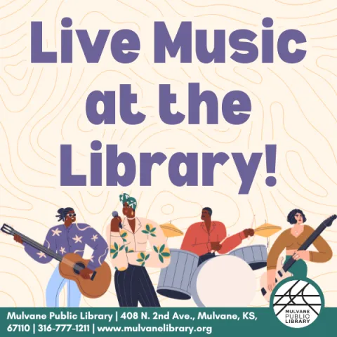 The words "Live Music at the Library" in purple text above a line graphic of band members and the library information below. 