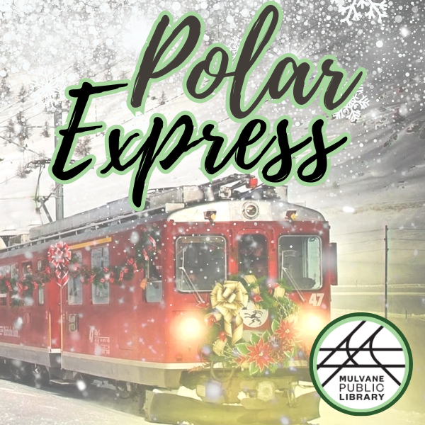 Snowy scene with red Christmas train and the library logo and text "Polar Express"