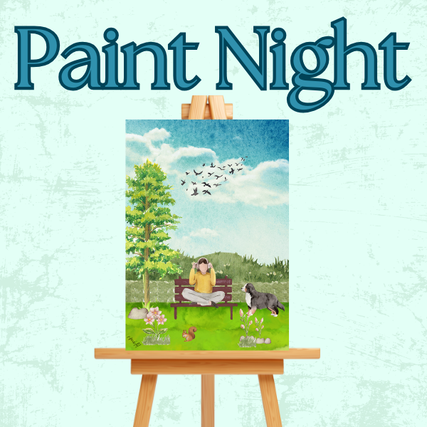 Painting on an easel of a girl in nature and the words "Paint Night" above it.  
