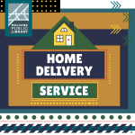 Geometric shapes with a house and library logo and text "Home Delivery Service"