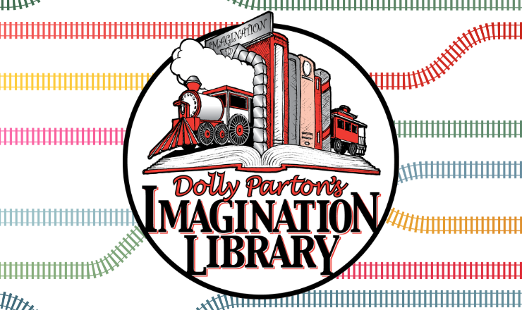 Colorful train tracks with train logo with text "Dolly Parton's Imagination Library"