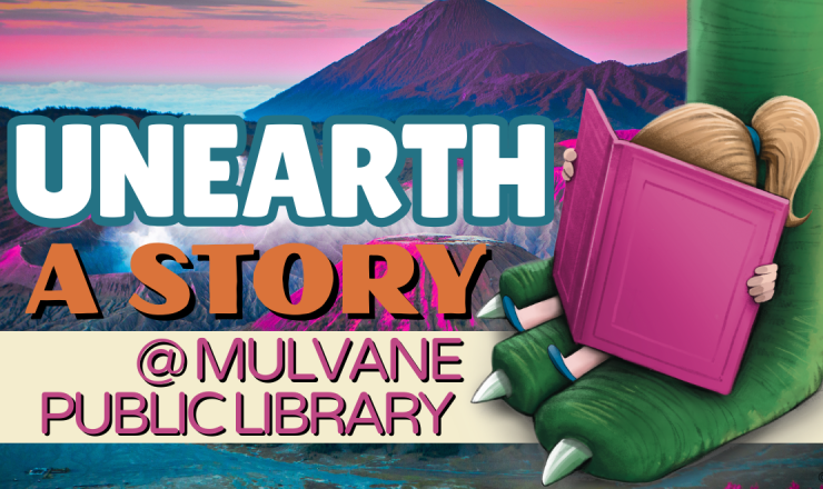 girl sitting on dinosaur foot with the text "unearth a story at Mulvane Public Library"